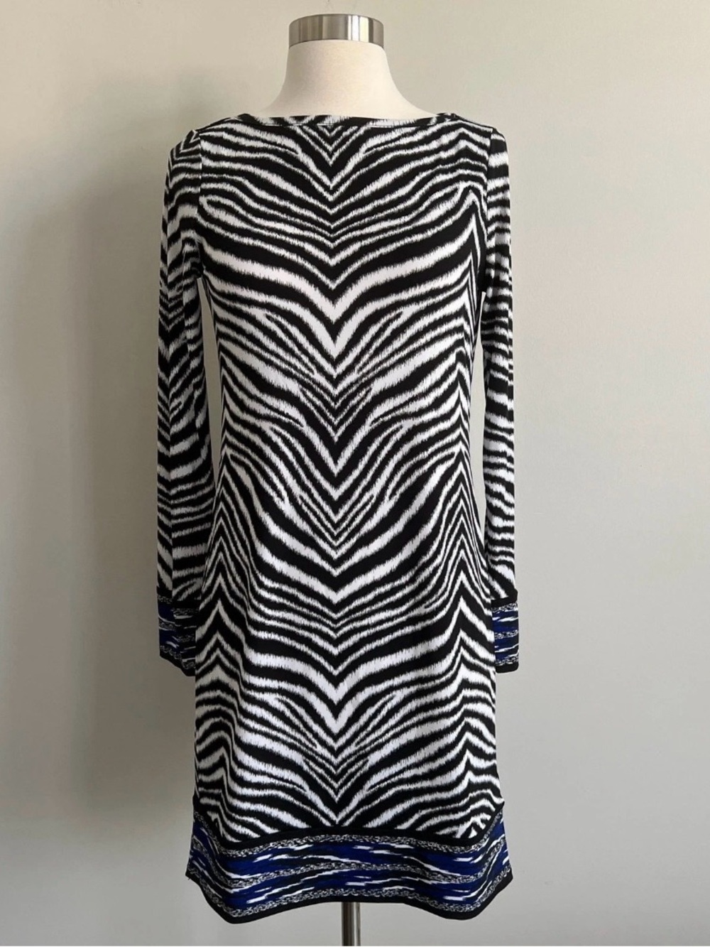 Michael Kors Zebra-Print Black White Blue Accent Long-Sleeve Shift Dress - Small